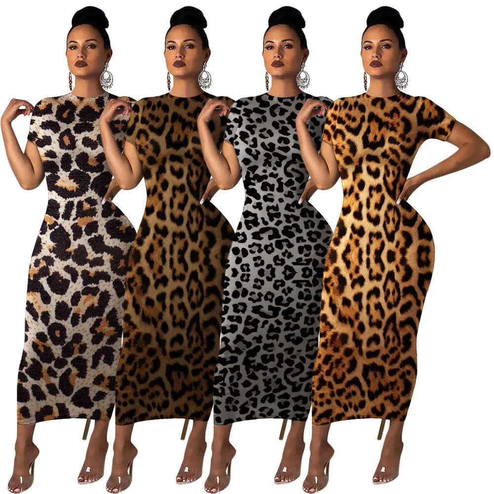 

Wholesale Cheap Price Sexy Lady Elegant Dress Leopard Straight Long Maxi Classic Summer Dresses Women, Yellow/brown/leopard/gray