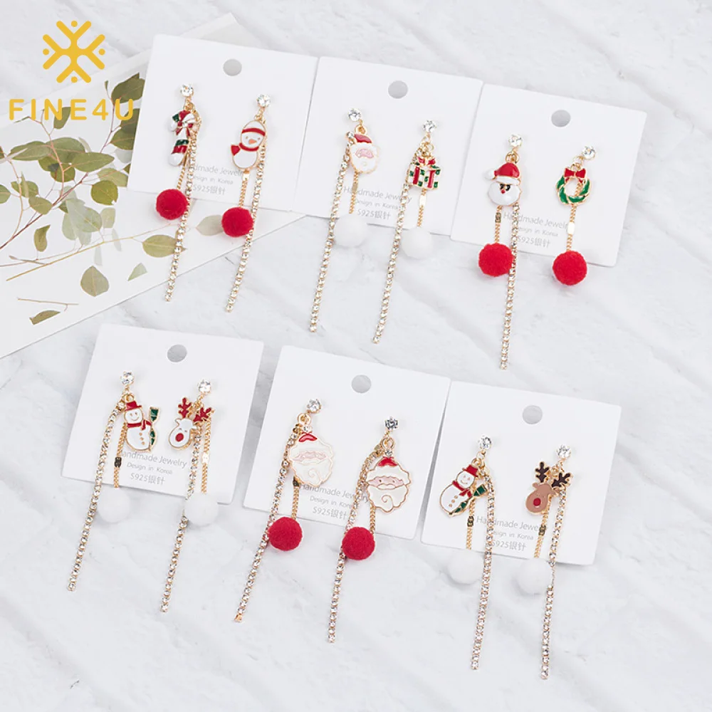 

New 2021 Women Cute Trendy Long Asymmetrical Tennis Chain Snowman Elk Pom Pom Drop Stud Jewelry Christmas Earrings, As the picture shown