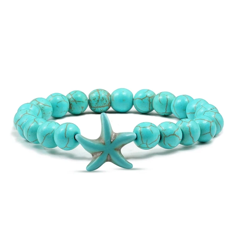 Fashion Starfish Blue Green Turquoises Beaded Bangles Bracelets Beach Charm Jewelry Sea Star Natural Stone Bracelet Couple Gifts