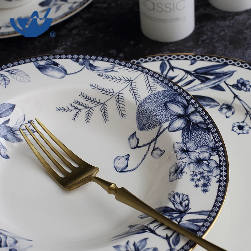 Antique Custom Luxury Blue Bone China Luxury Dinner Plate Set Tea Cup Set With Gold Rim