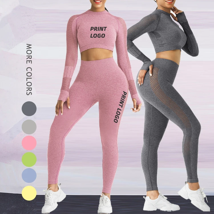 

Wholesale High Compression Seamless Hollow Long Sleeve Crop Top Gym Wear Set Women Activewear, Picture shows