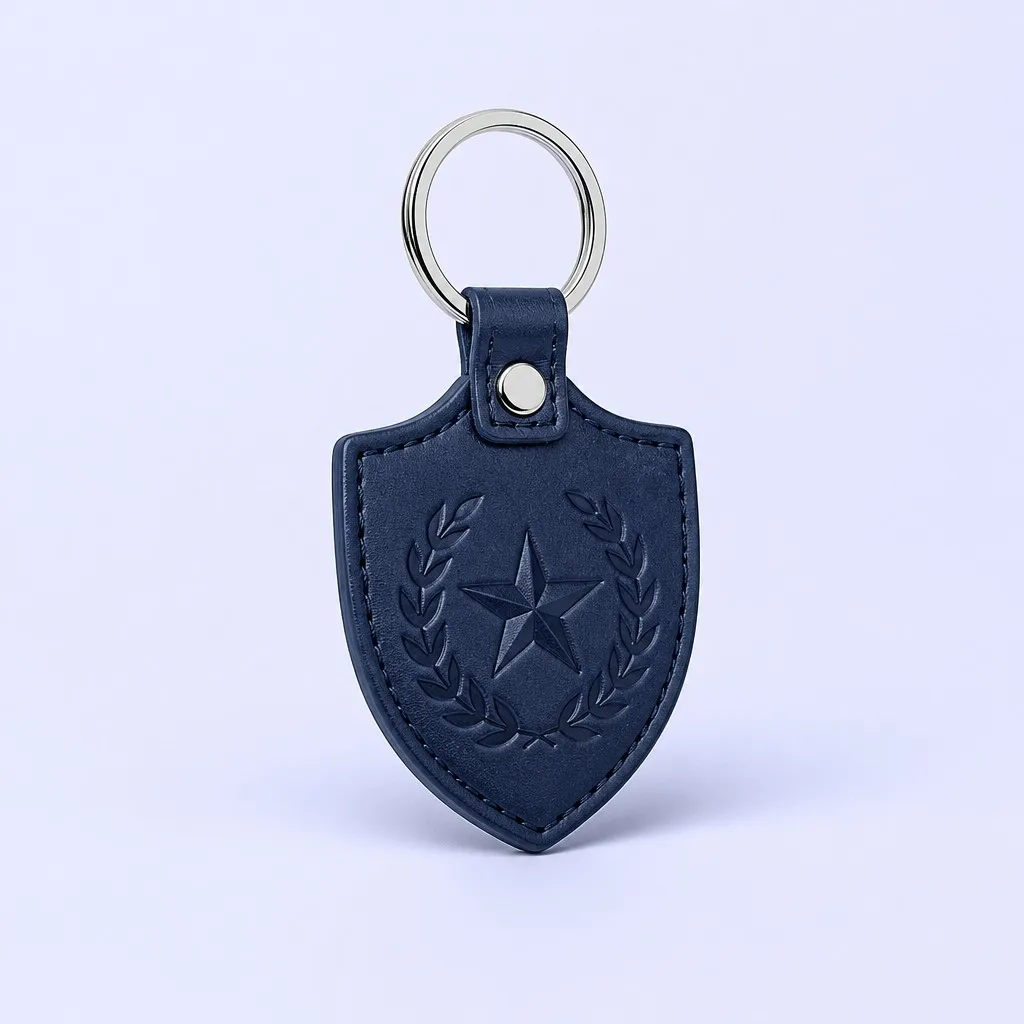 Custom navy shield-shaped leather keychain with star and laurel emblem, view 3