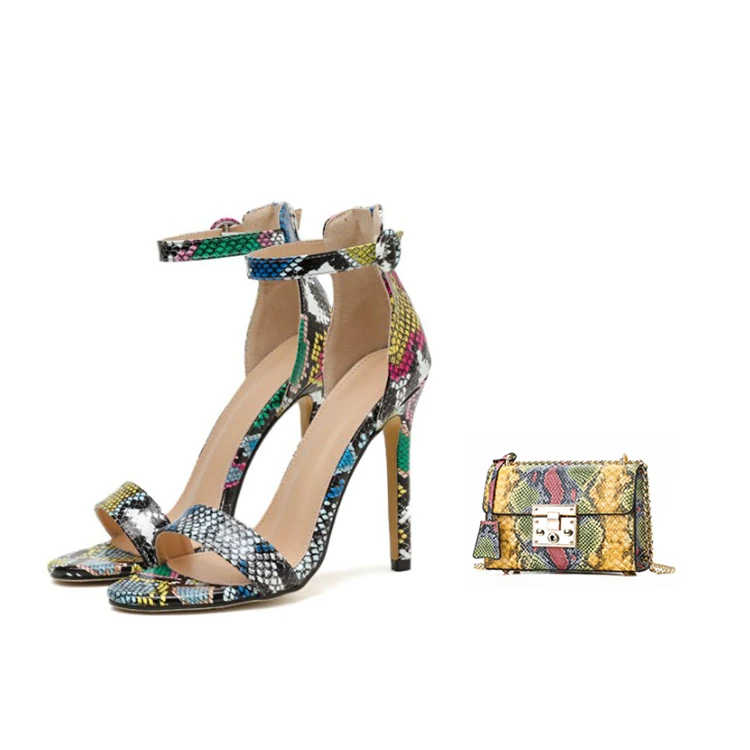 

Women stiletto high heel snake print open toe sandals shoes and bags sets, As photo