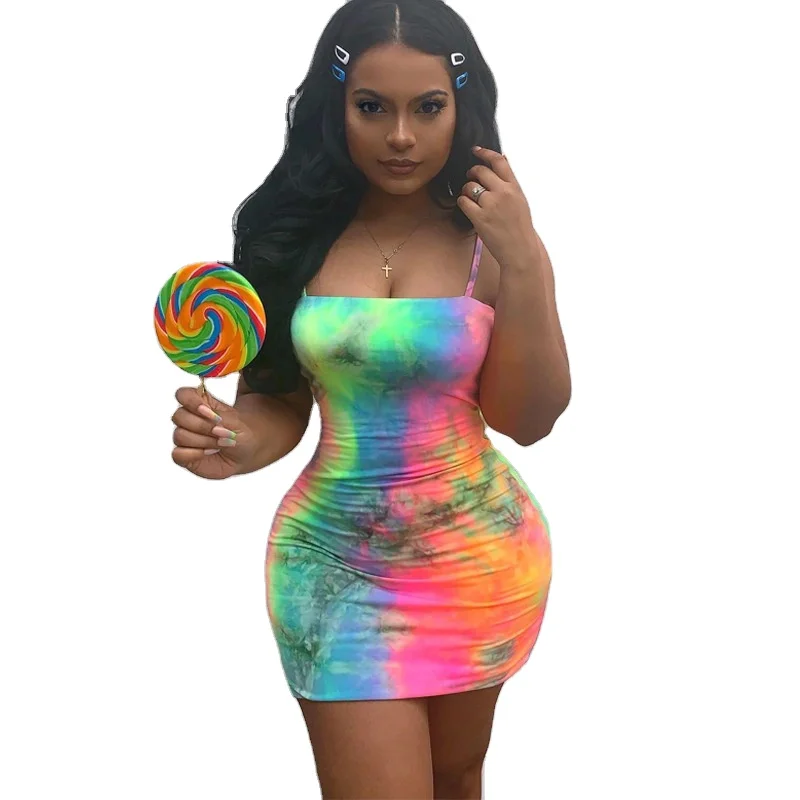 

2021 New Arrivals Trendy Spaghetti Strap Tie-dye Printed Sexy Summer Bodycon Mini Dress, 5 colors