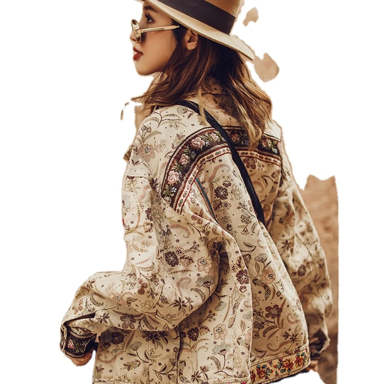 

European and American code trend retro boho gypsy warm women's denim yellow bottom material embroidered jacket OEM, Photo color
