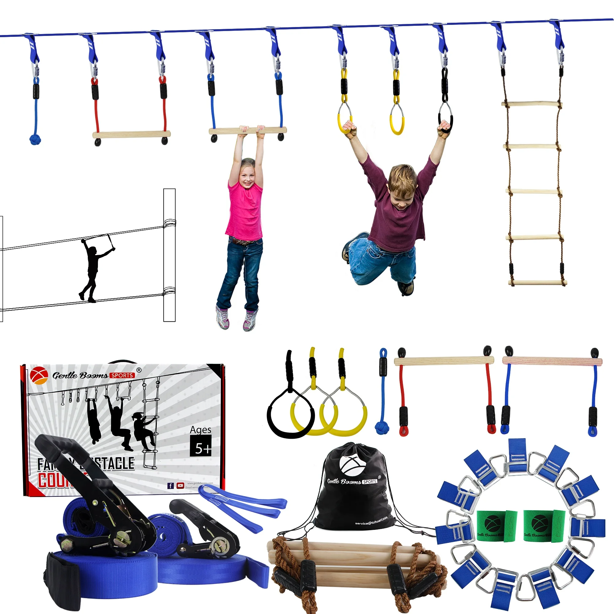

Gentle Booms Sports Outdoor Ninja Line Ninja Warrior Family Obstacle Course of Monkey Bar,Rings,Ladder,Knot, Black,purple,blue or customized