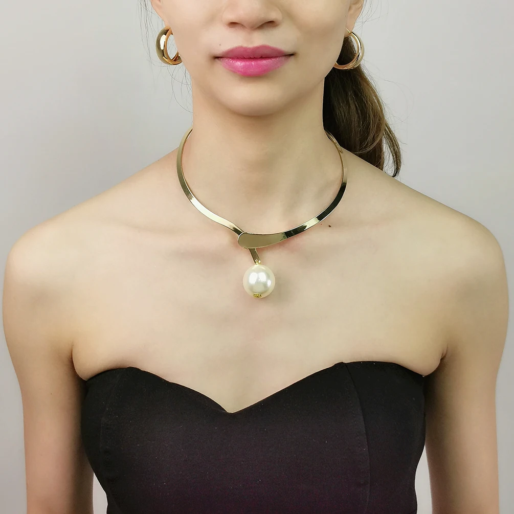 

Gold Plated Fashion African Wedding Jewelry Set for Women Statement Pearls Beads Choker Necklace Punk Hoop Earrings Bridal Sets, Silver, gold