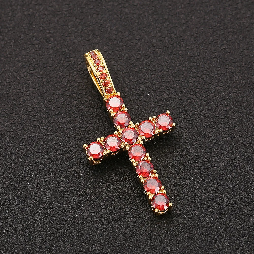 NUOYA 18K Gold Silver Iced Out Diamond Cross Pendant Red Color Zircon Hip Hop Fine Cross Pendants for Men & Women
