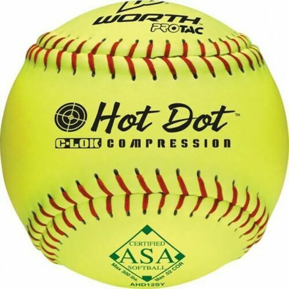 

12 inch , .47 cor, 375 LBS polycore raised seam compression grade softballs, approved for use in asa softball leagues, Optical yellow