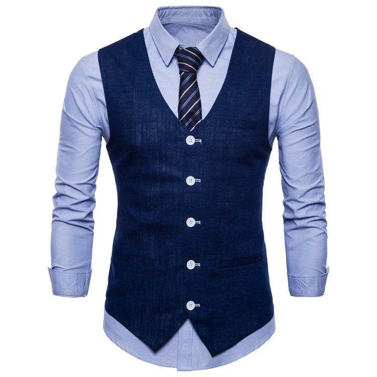 

Single Breasted Suit Vest Men Formal Solid Chalecos Hombre Casual Flax Men Vest Waistcoat, Picture show