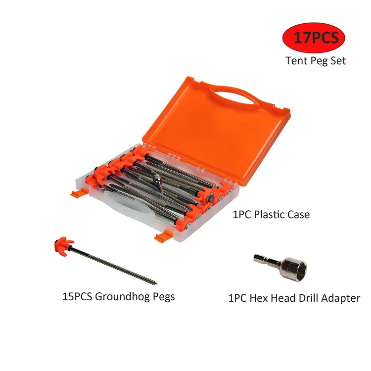 17pcs Heavy Duty Groundhog Pegs W/hex Drill Bit And Plastic Case,Tent
