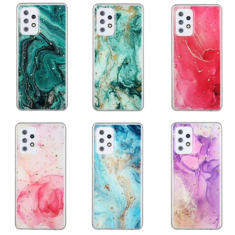 

Marble Soft TPU Gilding Foil Case For Samsung S21 A12 A02S Note 20 Ultra S20 FE A51 A71 Bling Sequin Stone Rock Confetti Flake, As picture