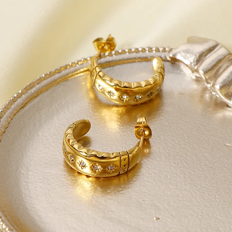 

Fashion Shiny Jewelry 18K Gold Plated Round Circle Earrings Stainless Steel Zircon Star C Shape Hoop Earrings