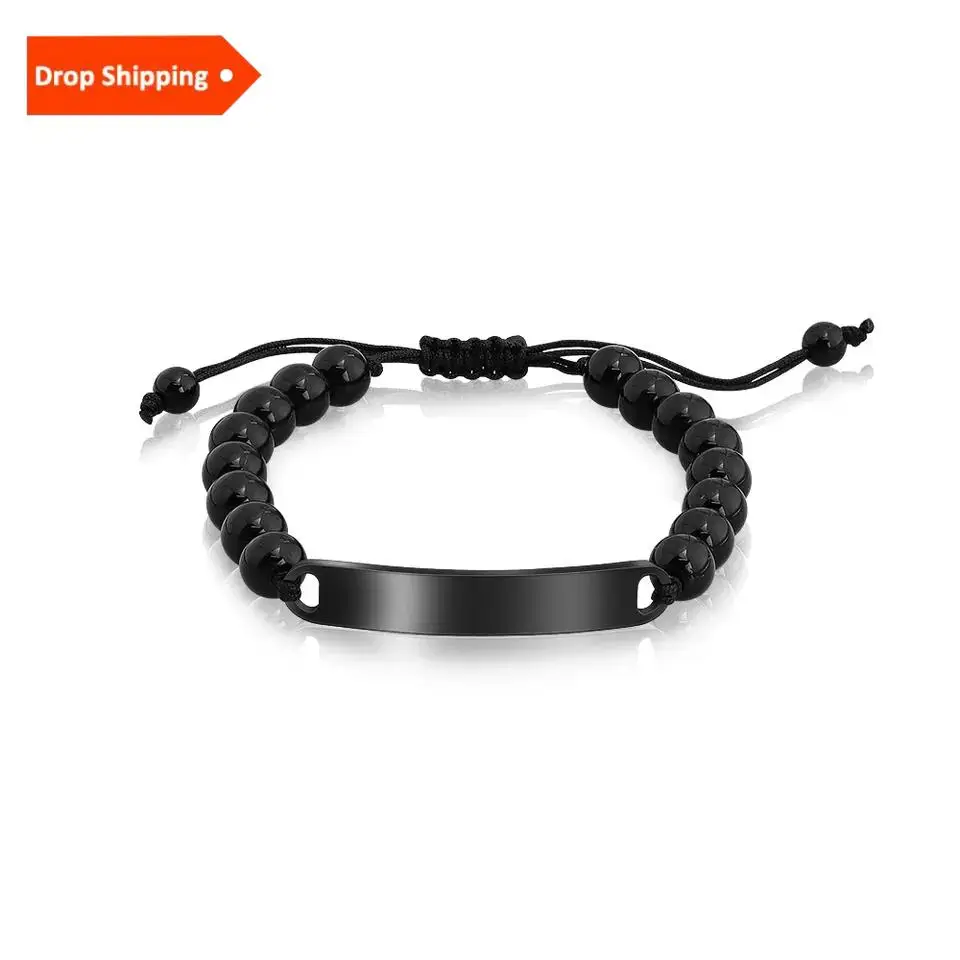 

Wholesale Customized Adjustable Black Beads Bracelet With Rectangle Steel Bar
