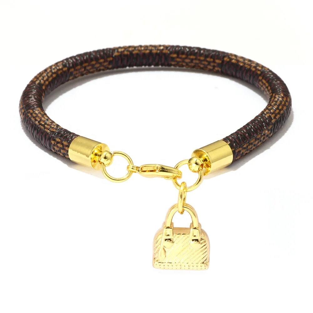 

Wholesale Fashion Leather Bracelet Women Gold Plated Bag Charm Bracelet, 3 colors