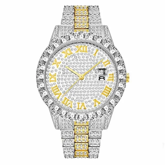 

4408 Dropshipping Gold Watch Men Full Diamond Watches Quartz Men's Watch Hip Hop Male Clock Gift For Men, 14 color as photo