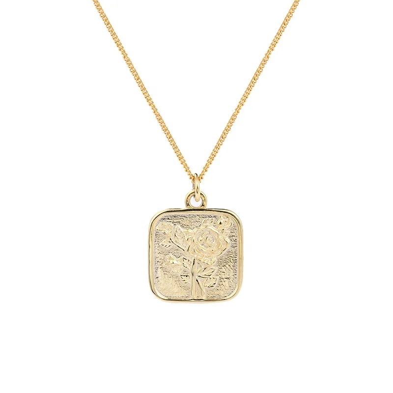 

925 Sterling Silver Gold plated Square Golden Rose Necklace A1424