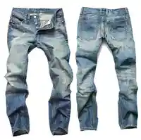 

Wholesale men's clothing hole nostalgic jeans light blue straight slim button men's Europe and America jeans