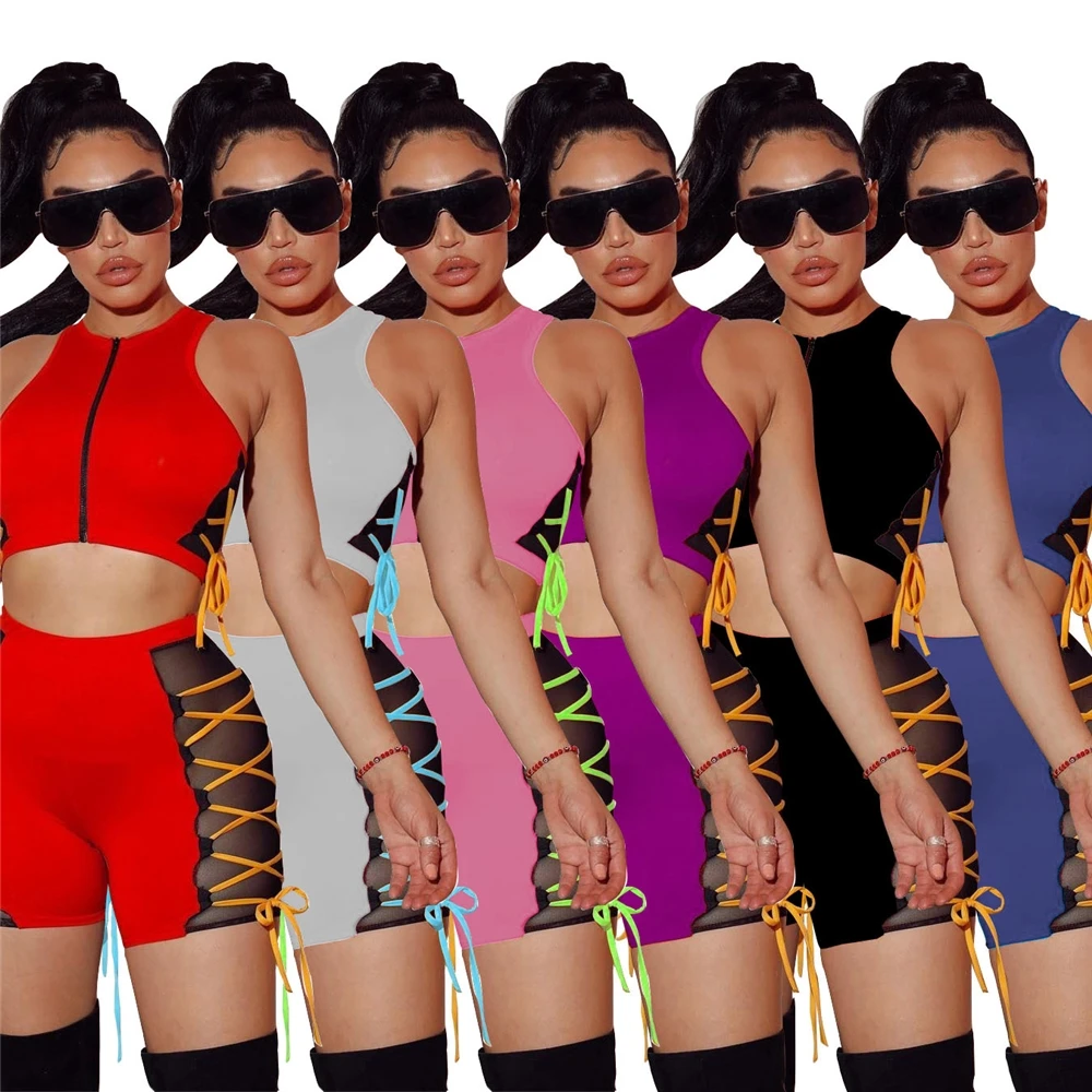 

BZ54 2021 New Arrivals Bandage Set Plus Size Crop Top Biker Short Pants Two Piece Club Wear Mesh Dresses Women Clothing Outfits