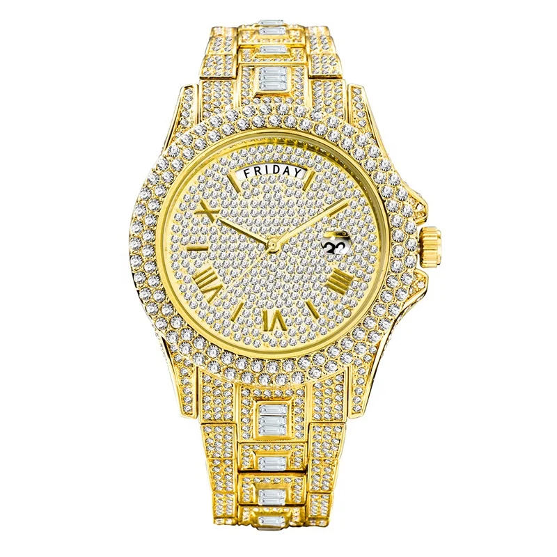 

Fashion Iced Out Diamond Men's Watch Dual Calendar Big Dial Luxury Full CZ Stones Silver Gold Jewelry Men Wrist Watches, Silver,gold,rose gold