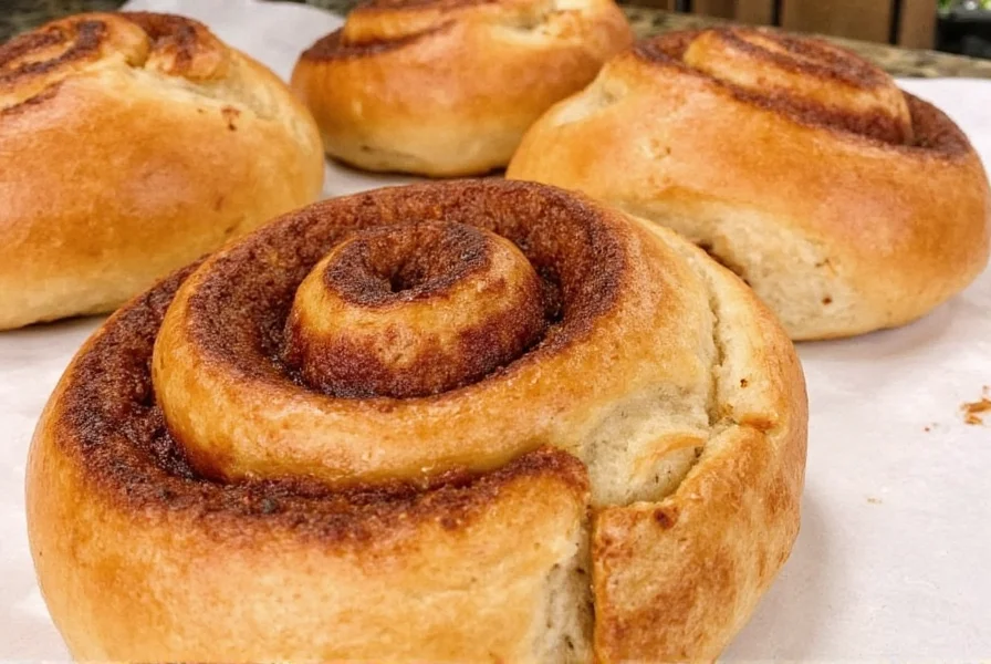 Finished giant cinnamon roll sliced open showing perfect spiral of cinnamon filling