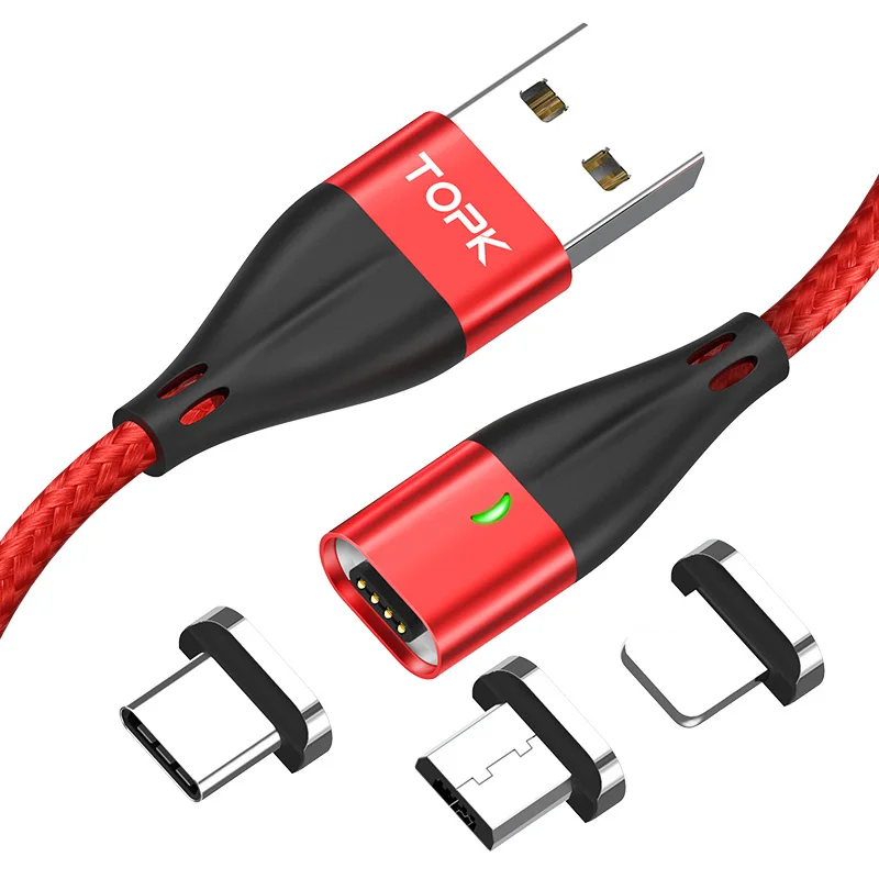 

TOPK AM61 2M 3A Fast Charging 3 IN 1 Magnetic USB Data Charging Cable, Black/red/gray