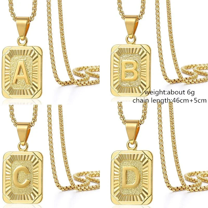 

Popular Gold Initial Letter Pendant Necklace Men Women Boy Girl Capital Alphabet Yellow Square 26 Letter A-Z Box Chain Necklace, Gold color