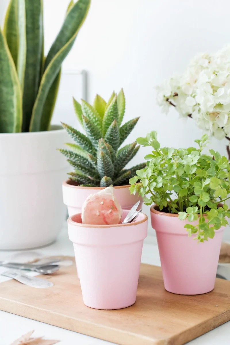 Cluster of cute painted pots in various colors and styles
