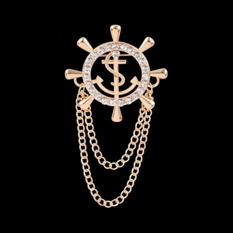 

Vintage Anchor Rudder Brooch Navy Style Chain Fashion Brooch Alloy Hollow Diamond Brooch, Gold /silver