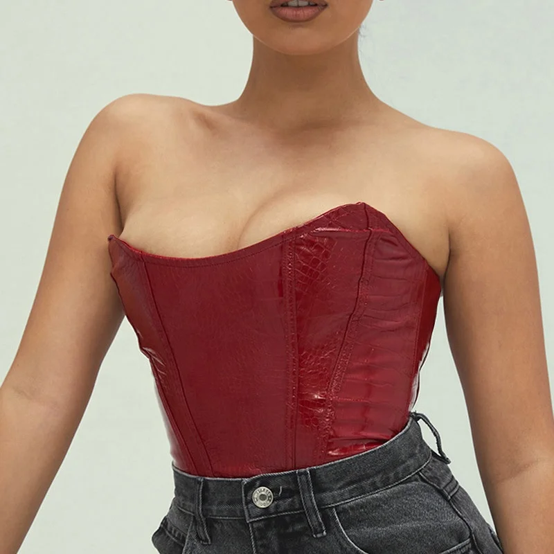 

Wholesale Vintage PU Leather Crocodile Sexy Strapless Corset Club Party Custom Crop Tops for Women