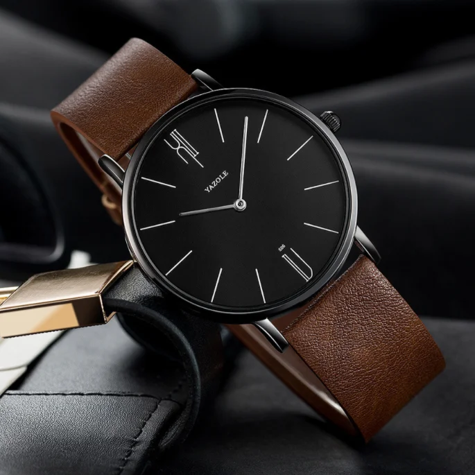 

YAZOLE D 506 Brand Luxury Men Quartz Minimalist Watch Black Brown Leather Straps Waterproof Slim Man Wrist Watch, White/black dial