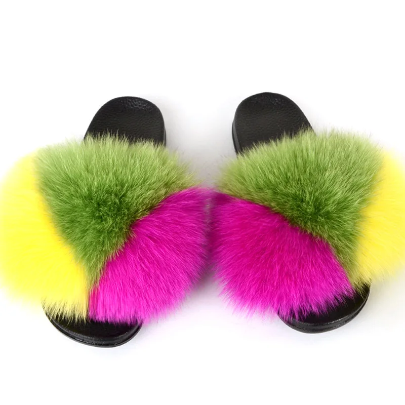 

Colorful women indoor outdoor flat soles shoes summer real fox fur slippers 2021 Hot Sale Woman Fur Slides Multi Color Slipper, As picture