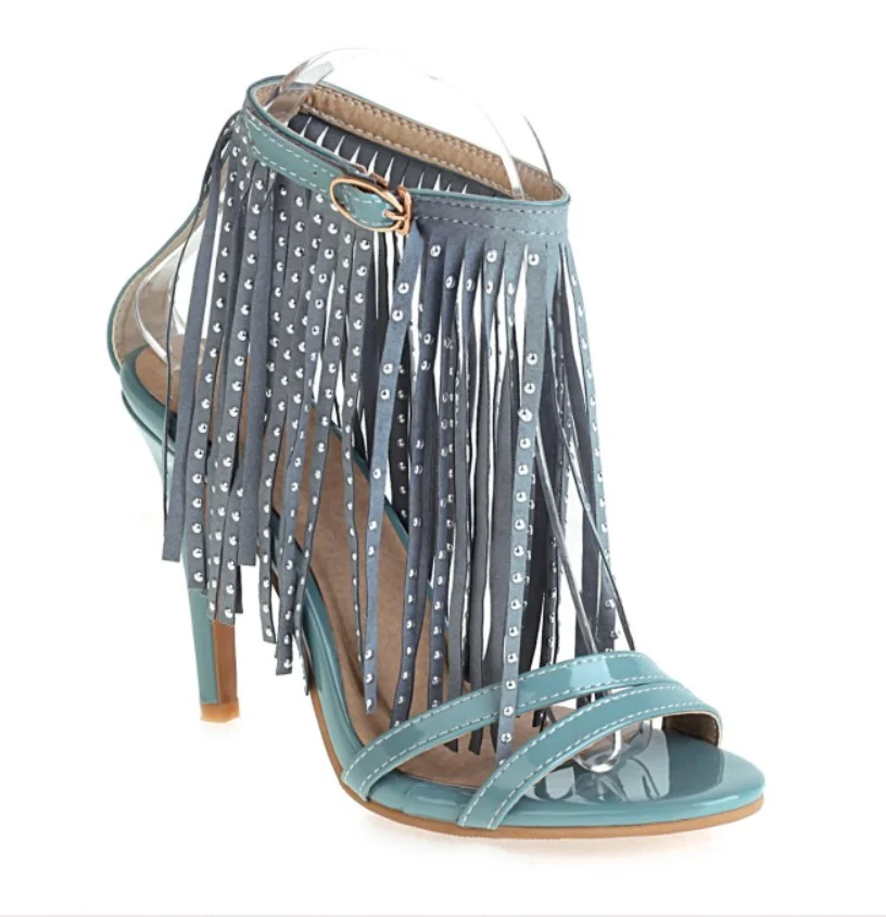 

2021 spring new ankle buckle fringed ladies stiletto heel sandals European and American large size fashion trend wholesale, Black, green, white