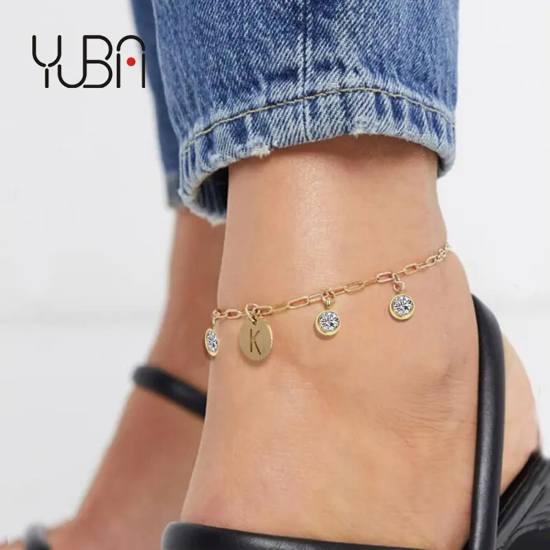 

Barefoot Jewelry 18K Gold Plated Round Crystal Alphabet Coin Anklet Stainless Steel Carved Out English Letter Foot Chain Ankles