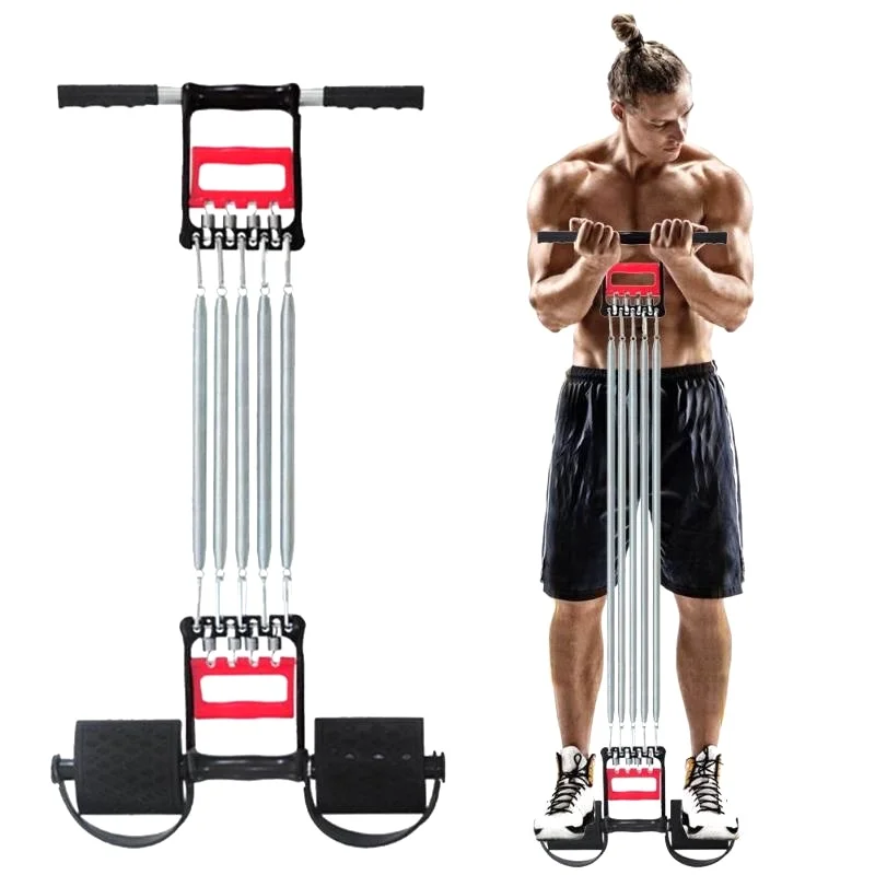 

3 in 1 Exerciser - Spring Chest Expander, Hand Grip Strengthener, Pedal Pull Rope Band - Fitness Equipment with 5 Metal Spring, Black+ red