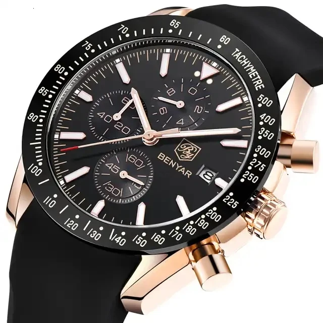 BENYAR 5140 Watch Men Top Luxury Chronograph Calendar Wristwatch Black Rubber Strap Waterproof Sport Male Clock