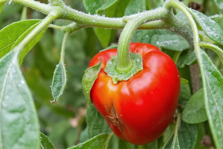 Close-up of red chili pepper plant showing frost damage on leaves and stems