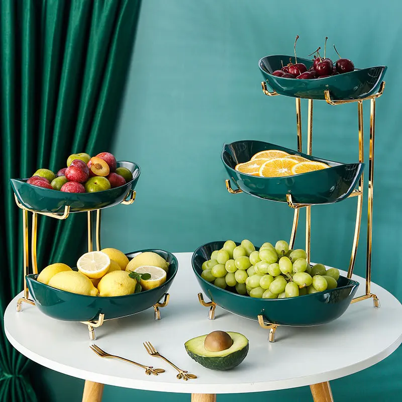 

Nordic Luxury Living Room 3 Tier Candy Dessert Serving Plate Ceramic Snack Plates Set with Metal Stand Fruit Basket Storage, White,orange,dark green