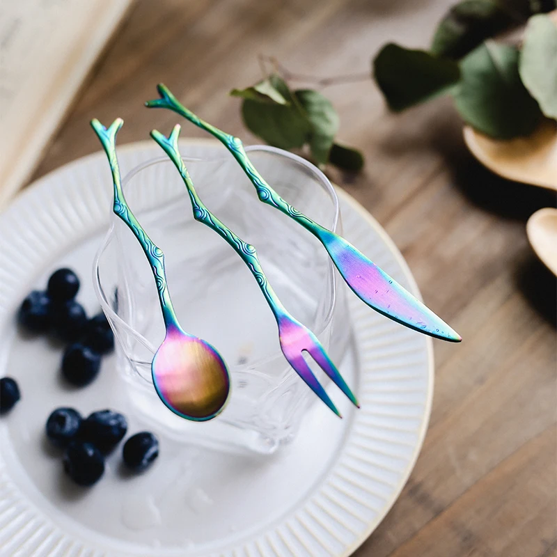 

metal tree trunk shape travel cutlery knife spoon fork set 3pcs black camping silverware set, Silver,gold,black,rainbow