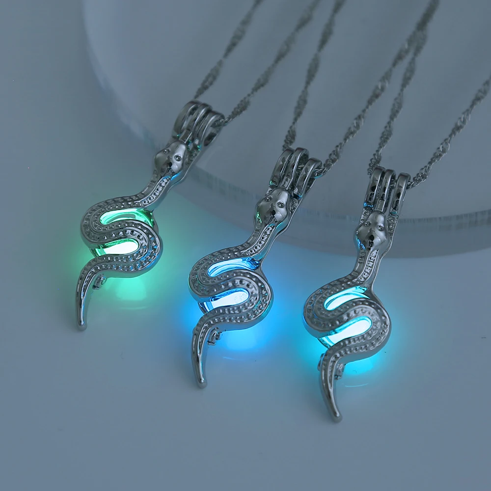 

Custom Glow In The Dark Necklace Glowing Jewelry Snake Luminous Bead Pendant Silver Necklaces Halloween Gifts For Women Men