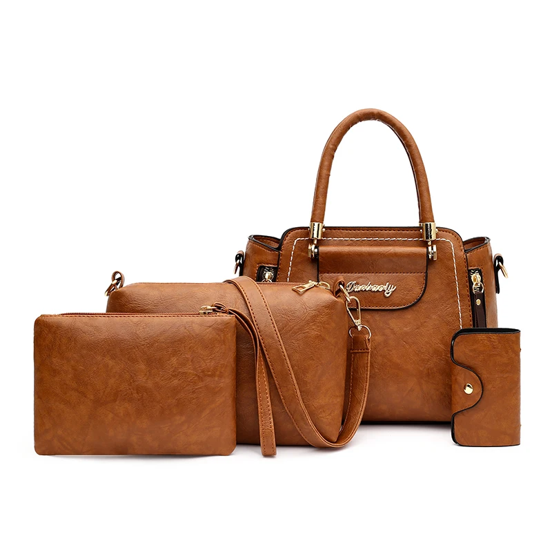 

2021 Popular PU leather purse handbag 4 pieces in 1 set lady hand bag Leisure tote bags, Pink,brown,black,gray,purple,red