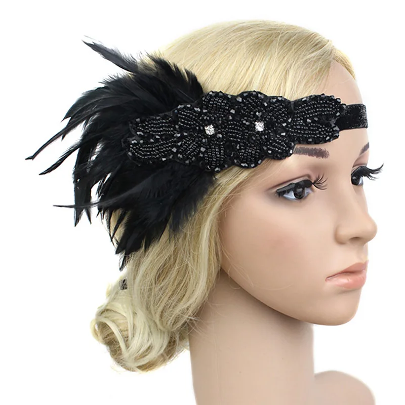 

Hair Accessories Black Rhinestone Beaded Sequin Hair Band 1920s Vintage Gatsby Party Headpiece Women Flapper Feather Headband