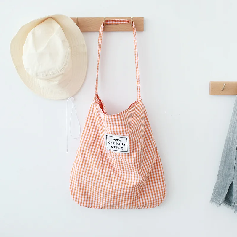

Factory original cotton cloth bag shoulder bag fashion art small fresh plaid cloth bag custom