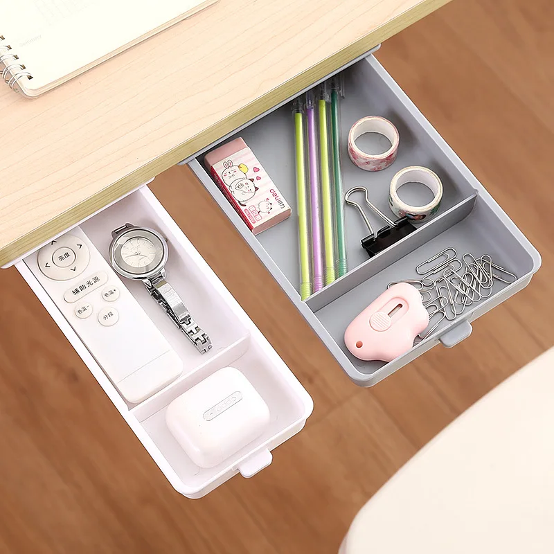 

New Under Desk Storage Box Drawer Type Student Stationery Interlayer Box Hidden Pen Household Plastic Storage Drawer Organizer, Gray,white