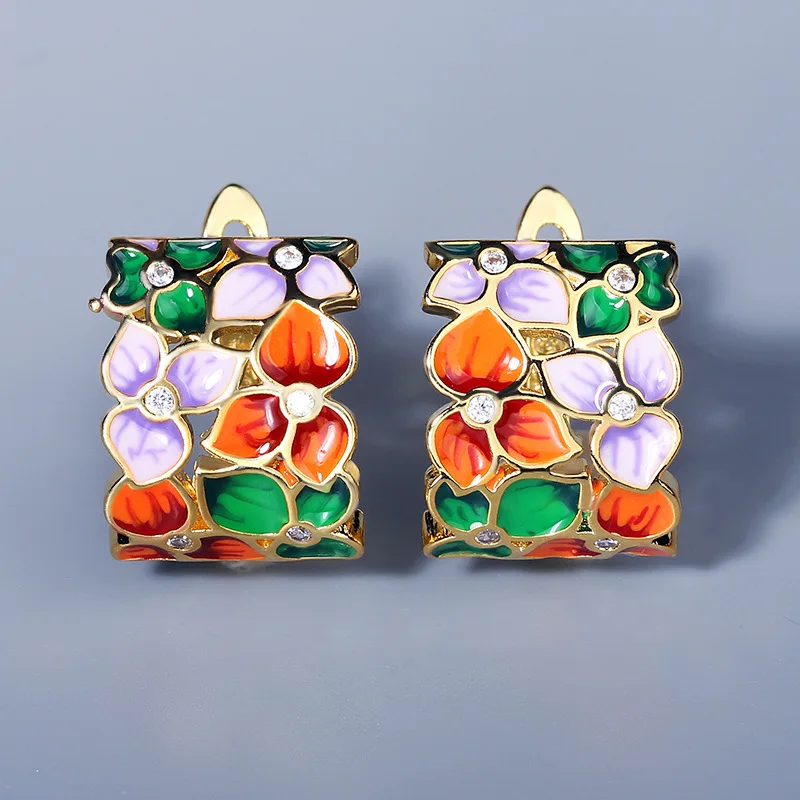 

High Quality Wholesale KYED0494 Flower Shape 3A Small Zircon Enamel Earrings for Women