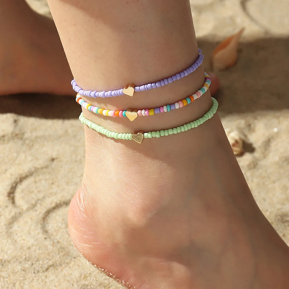 

3pcs/set Fashion Bohemia Handmade Colorful Bead Heart Anklets Gold Sandy Beach Wafer Adjustable Foot Bracelet Jewelry For Women