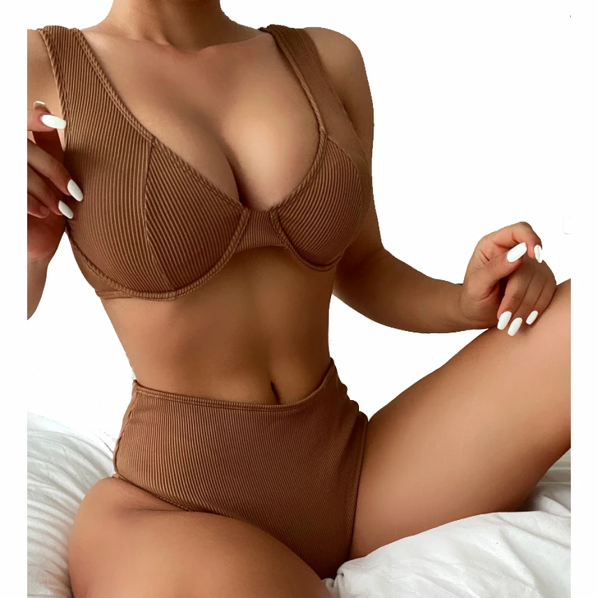 

Hot sexy brown high waist underwire ribbed swimsuit swimwear bikini set women Bikini