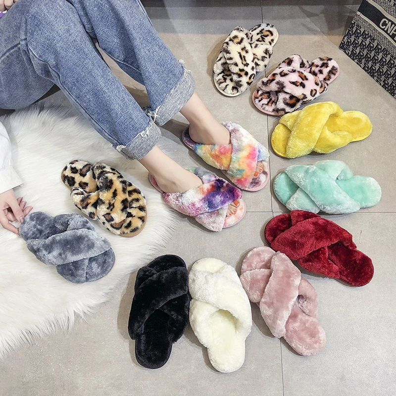 

MMX22 11 Colors Classic Cross Plush Slides Big Size Us11 Winter Furry Bedroom Slippers For Women, As picture or custom