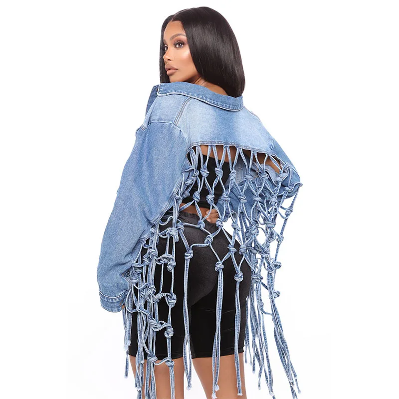 

2021 Women Fashion Sexy Backless Jean Jacket Long Sleeve Tassel Bandages Summer Female Coats and Jackets, Picture