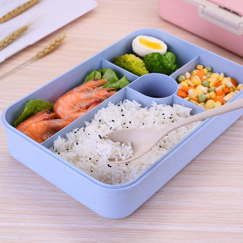 

Wheat fiber good smell eco friendly portable wheat straw bento box set with sauce compartment, Blue/pink/